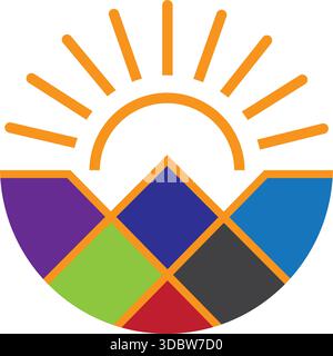 Icona vettoriale modello di disegno con logo Sun Mountain Landscape Illustrazione Vettoriale