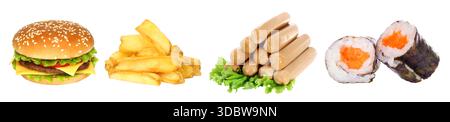 Set di articoli fast food misti isolati su sfondo trasparente. Include hamburger, patatine fritte, salsicce e sushi. Perfetto per cibo, snack, foo spazzatura Foto Stock