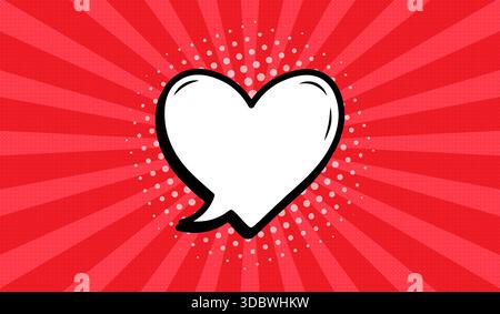 Una bolla vocale a forma di cuore in stile comico retrò su sfondo rosso. Illustrazione Vettoriale