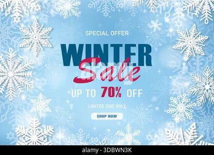 Il banner dei saldi invernali. Vendita testo con sfondo blu con fiocchi di neve. Illustrazione Vettoriale