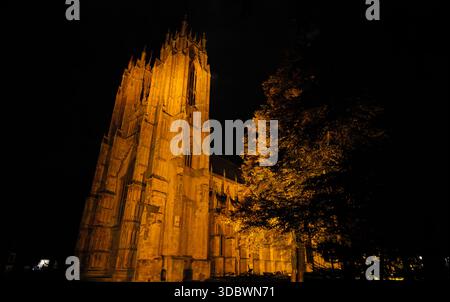 Le torri gotiche perpendicolari del fronte occidentale di Beverley Minster si arrampicano nell'oscurità di un cielo notturno, East Yorkshire, Inghilterra. Foto Stock