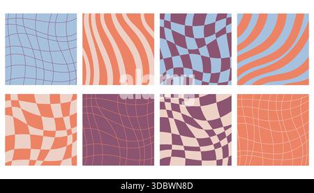 Collezione di vivaci poster quadrati retrò con onde psichedeliche, strisce e motivi a scacchi. Stile trippy ispirato al modello Y2K, abbinato a classici anni '60 e. Illustrazione Vettoriale
