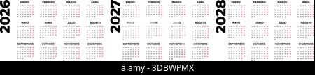 Un ampio calendario visualizza gli anni 2026, 2027 e 2028. Ogni mese è strutturato in modo chiaro con date evidenziate in formato griglia per una facile lettura. Illustrazione Vettoriale