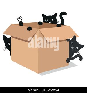 Illustrazione di simpatici gatti neri in una scatola di cartone isolata su sfondo bianco. Illustrazione Vettoriale