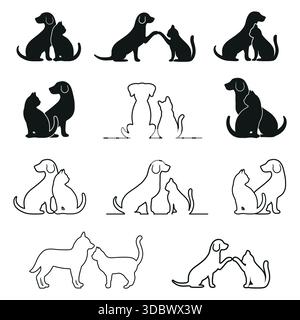 Serie di illustrazioni di diverse silhouette di un cane e di un gatto su sfondo bianco Illustrazione Vettoriale