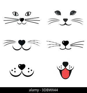 Illustrazione di una serie di simpatici volti di gatti con baffi su sfondo bianco. Illustrazione Vettoriale