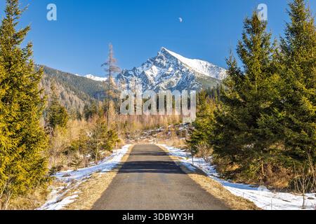 Krivan mountain in High Tatras National Park, Slovakia, Europe. A scenic road winds towards a snow-capped mountain peak under a clear blue sky, framed Foto Stock