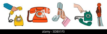 Set di telefoni rotanti vintage con cavi a spirale Illustrazione Vettoriale