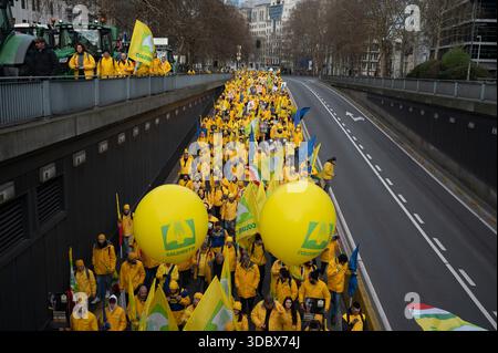 Migliaia di agricoltori provenienti da oltre 40 organizzazioni agricole europee, tra cui il Belgio Boerenbond, marciano dalla stazione di Bruxelles Nord via Wetstraat Foto Stock