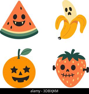 Carino set di illustrazioni vettoriali dei cartoni animati halloween Fruit Illustrazione Vettoriale