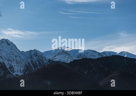 La Stark Beauty of the Tatra in inverno. Le cime innevate baciate dal sole contrastano nettamente con le profonde tonalità blu delle foreste di conifere sottostanti Foto Stock