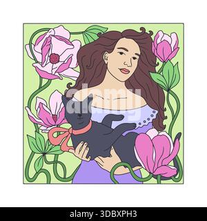 Bella donna dai capelli lunghi in stile Art Nouveau che tiene in mano un gatto con illustrazione vettoriale con cornice in fiore magnolia Illustrazione Vettoriale