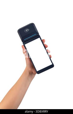 Terminale POS portatile moderno con touchscreen vuoto, isolato su sfondo bianco, ideale per interfacce di pagamento digitali, app fintech, AN Foto Stock