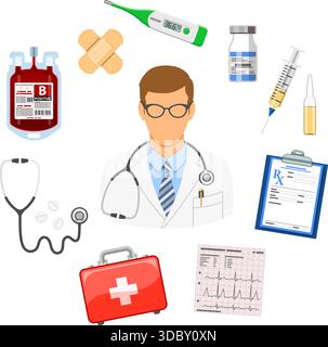 banner medico e sanitario e infografiche con icone piatte come medico, trattamento sanitario, trasfusione di sangue, cardiogramma, prescrizione. ve isolato Illustrazione Vettoriale