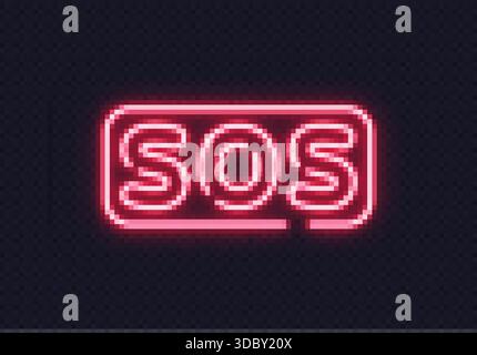 Testo SOS rosso luminoso all'interno di una forma arrotondata. Segnale di emergenza accattivante per messaggi o avvisi urgenti. Illustrazione Vettoriale