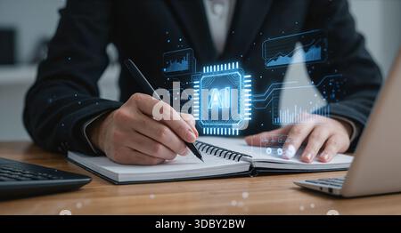 Uomo d'affari professionista che scrive su un notebook su una scrivania con un brillante processore olografico ai e grafici digitali dei dati Foto Stock