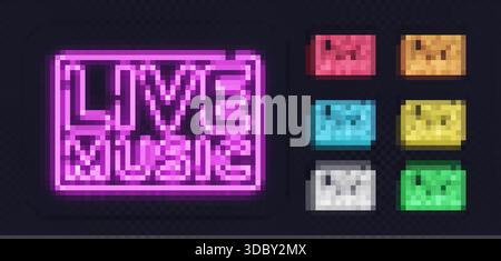 Un set colorato di insegne musicali al neon dal vivo si illumina di luce e crea un'atmosfera invitante. La vivace tavolozza aggiunge un'atmosfera moderna ed energica. Illustrazione Vettoriale