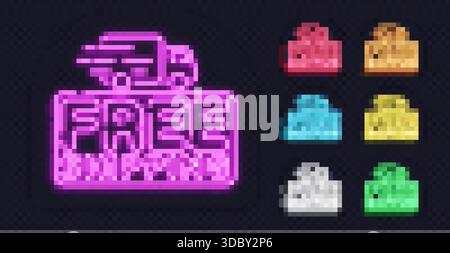 Un set multicolore di insegne al neon per la spedizione gratuita risplende di una luce brillante e aggiunge un'atmosfera energica. Le tonalità luminose e le forme chiare creano uno stile moderno ed elegante Illustrazione Vettoriale