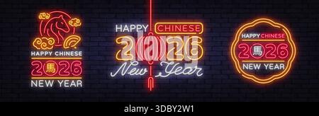 Un trio di opere d'arte al neon fonde immagini di cavalli, lanterne e la data del 2026 in scintillanti scene festive. Lo stile luminoso esalta il nuovo anno lunare Illustrazione Vettoriale