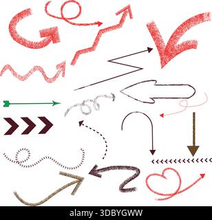 Collezione di frecce e puntatori disegnati a mano in vari colori e stili su sfondo bianco Illustrazione Vettoriale