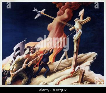 American World War II Propaganda (Abbott Laboratories, 1942) 'Again' Thomas Hart Benton artwork - paragonando le potenze dell'asse attaccanti ai centurioni romani che hanno lanciato Gesù Cristo al fianco mentre moriva sulla croce Foto Stock