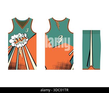 Modello di uniforme da basket per una squadra sportiva. Modello Jersey design vista frontale, vista posteriore e vista laterale. Illustrazione vettoriale Illustrazione Vettoriale