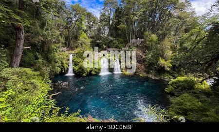 Una spettacolare vista panoramica delle cascate Ojos del Caburgua. L'intenso colore blu contrasta vividamente con la lussureggiante foresta verde circostante Foto Stock
