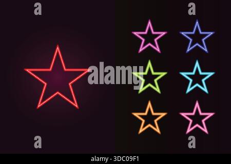 Colorato Neon Star delinea l'icona luminosa impostata su sfondo scuro per un'interfaccia utente moderna e un design creativo. Illustrazione Vettoriale