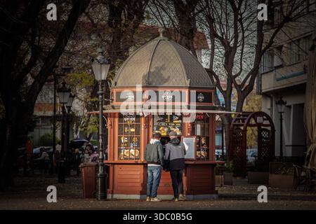 SUBOTICA, SERBIA - 16 NOVEMBRE 2025: Due uomini stanno di fronte a un piccolo chiosco gyros in un parco di Subotica, Serbia, leggendo il menu illuminato a k Foto Stock