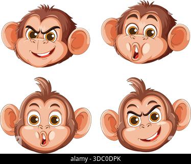Illustrazione vettoriale di una testa di monkeyâs in quattro diverse espressioni di cartone animato, utilizzando contorni audaci, colori brillanti e uno sfondo bianco pulito e isolato Illustrazione Vettoriale