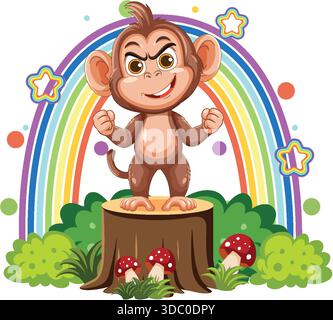 La scimmia dei cartoni animati sorridente si erge su un ceppo, circondato da funghi, arcobaleno e fogliame colorato Illustrazione Vettoriale