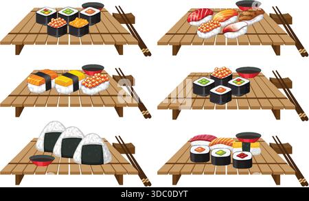 Illustrazione vettoriale di vari tipi di sushi e onigiri disposti su tavole di legno con bacchette, con colori vivaci e design pulito e piatto Illustrazione Vettoriale