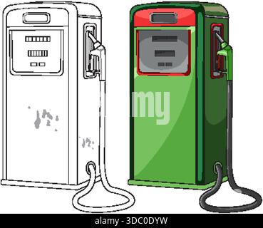 Pompa di gas retrò in verde e rosso, mostrata in stile vettoriale sia colorato che contornato Illustrazione Vettoriale