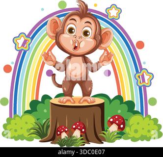 Simpatica scimmia cartoni animati su ceppo, sfondo arcobaleno colorato, stile vettoriale luminoso, composizione giocosa Illustrazione Vettoriale