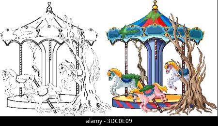 Colori e linee artistiche di inquietanti cavalli abbandonati circondati da alberi morti contorti Illustrazione Vettoriale