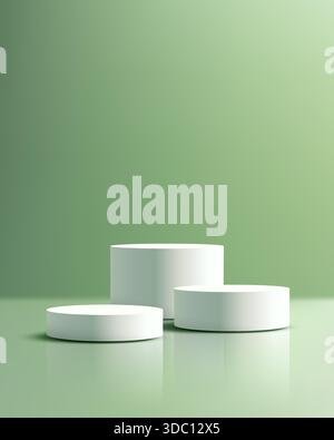 Piedistalli per display cilindrici 3D dal design minimalista e pulito su pavimento verde sfumato riflettente. la moderna disposizione a podio è perfetta per mettere in risalto il beau Illustrazione Vettoriale
