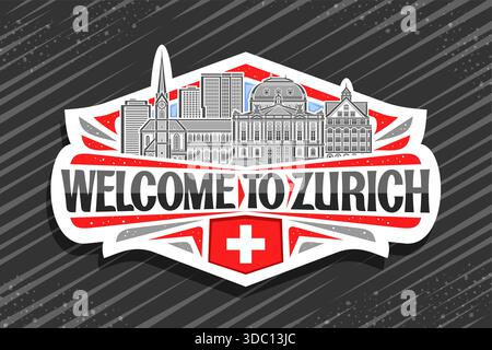 Logo vettoriale per Zurigo, distintivo decorativo in carta tagliata con illustrazione dettagliata del paesaggio panoramico della città di zurigo sullo sfondo del cielo diurno, rifrangente art design Illustrazione Vettoriale
