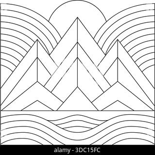 Paesaggio geometrico monocromatico di montagne che si innalzano sotto un sole stilizzato rifinito con contorni puliti Illustrazione Vettoriale