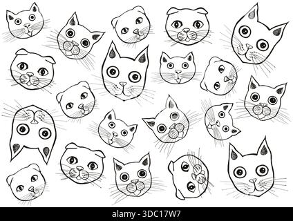 Sfondo caotico di simpatici volti di gatto in stile schizzo. Monocromatico, bianco e nero. Disegni disegnati a mano per scarabocchi, contorno. Ideale per imballaggi, tessuti, pareti Foto Stock