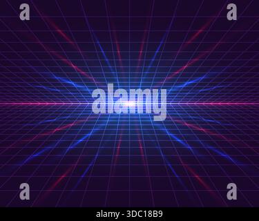 lo sfondo astratto viola scuro e blu è caratterizzato da una griglia al neon luminosa e luce all'orizzonte, un'estetica futuristica a onda sintetica retrò. stile anni '80 Illustrazione Vettoriale