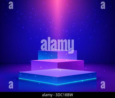 Podio al neon 3D professionale in uno studio futuristico durante il lancio di un prodotto per evidenziare gli articoli tecnologici premium con una vivace illuminazione viola e blu Illustrazione Vettoriale