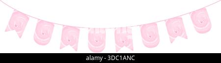 garland pennant rosa con morbida texture acquerello appesa sulla corda come decorazione di accatastamento festivo per la festa di compleanno del bambino e la festa della ragazza isolata su Illustrazione Vettoriale