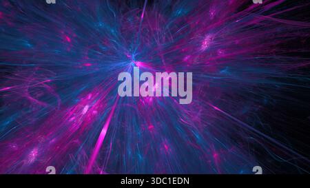 Scintillanti particelle di blu e rosa esplodono verso l'esterno, creando una scena energica che trasmette movimento e profondità in un astratto dinamico e colorato Foto Stock