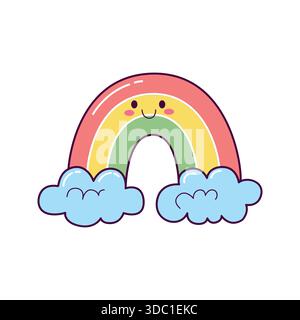 Grazioso arcobaleno con illustrazione delle nuvole in stile kawaii disegnato a mano Illustrazione Vettoriale