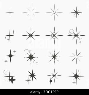 Set di stelle scintille e scintille Y2K. Glitterato lucido della collezione Vector, scintillante illustrazione di un sole scintillante. Forme di stelle e raggi. Illustrazione Vettoriale
