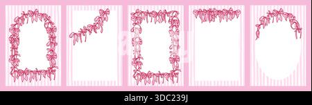 Collezione di carte in stile Girly Coquette. Modelli Vintage disegnati a mano con ghirlande di archi, su sfondo a righe. Decorazioni romantiche per biglietti d'auguri, inviti, matrimoni, San Valentino. Illustrazione Vettoriale
