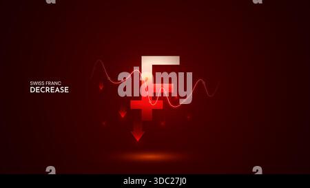 Il valore del franco svizzero diminuisce con il grafico e lo sfondo rosso. Il franco svizzero riduce il set di illustrazioni vettoriali. Icona di riduzione dei costi in franchi svizzeri Illustrazione Vettoriale
