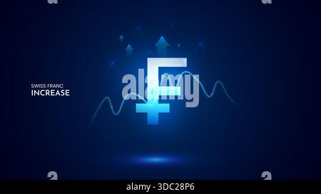 Il valore del franco svizzero aumenta con grafico e sfondo blu. Set di illustrazioni vettoriali in franchi svizzeri. Icona di aumento dei costi in franchi svizzeri Illustrazione Vettoriale