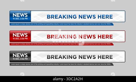 Ultime notizie su modelli inferiori della terza barra, notizie sportive in televisione, video e media online. Newscast terzo vettore banner inferiore. Illustrazione Vettoriale