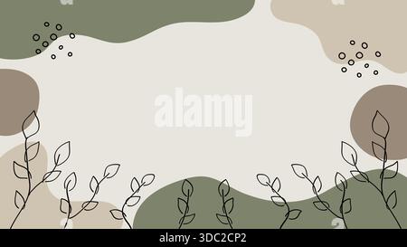 Sfondo astratto minimalista con morbide forme organiche in tonalità verde e beige, con delicate foglie disegnate a linee sul fondo Illustrazione Vettoriale